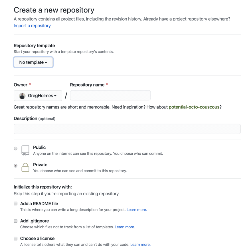 An image showing the page when creating a GitHub Repository