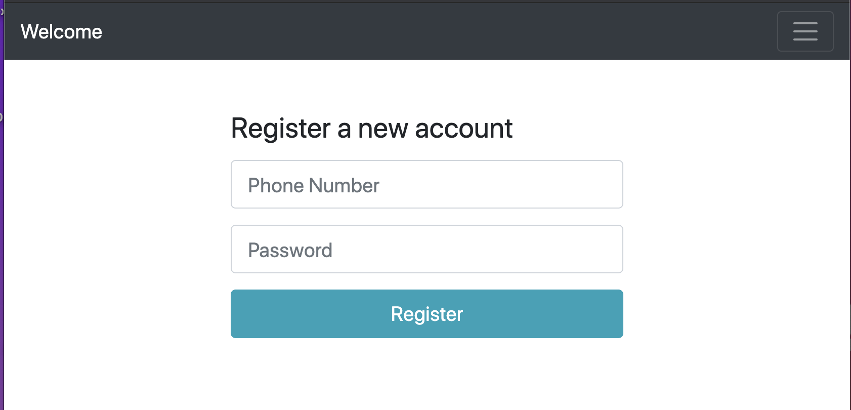 Initial template render of registration page with form.