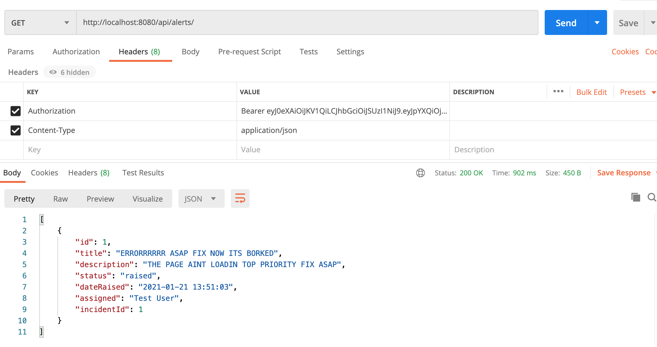 An example of listing alerts through Postman