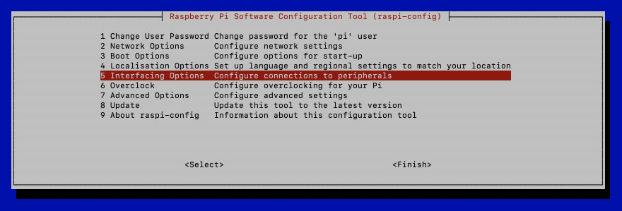 A screenshot showing the options of the command raspi-config