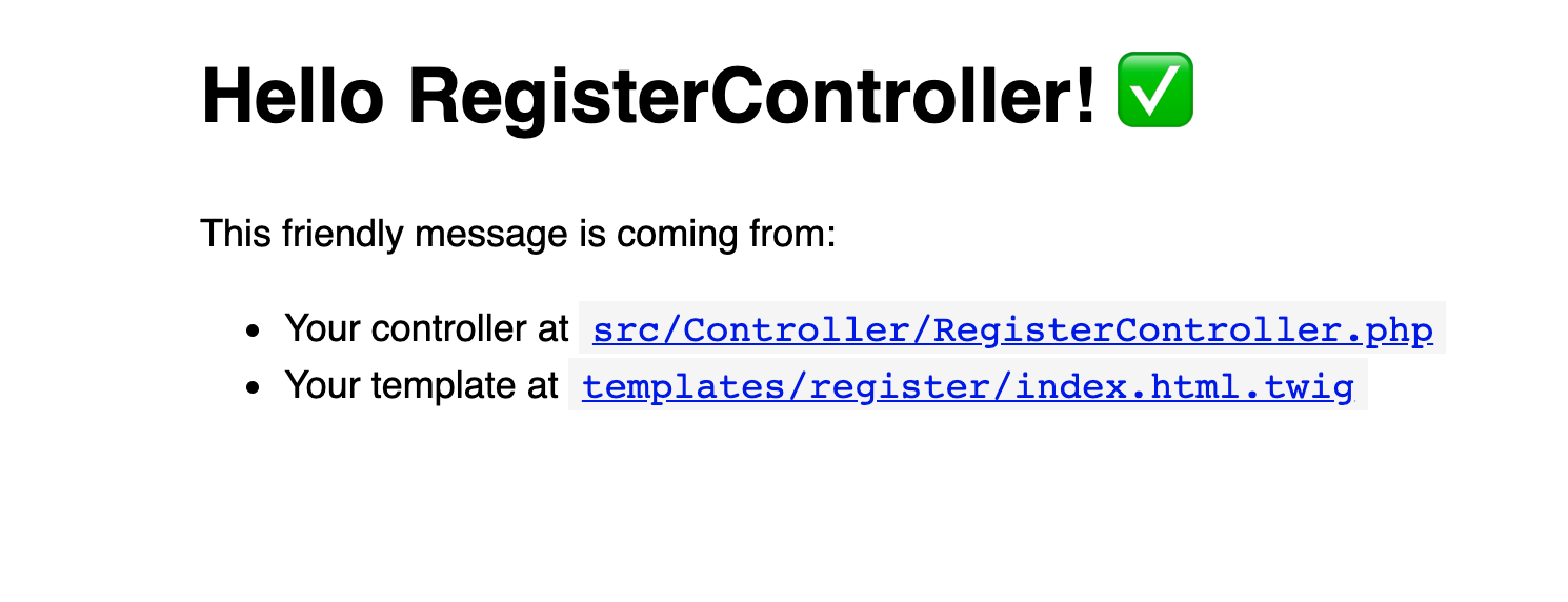 The view in a web page showing the default RegisterController output