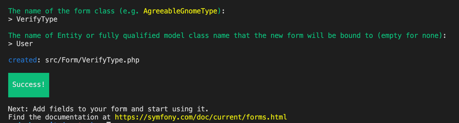 Terminal output confirming creation of VerifyForm class